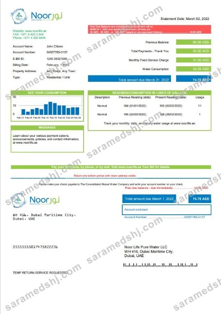 UAE Noor Life Pure Water LLC utility bill template in Word and PDF format